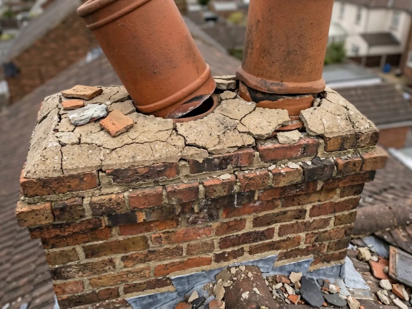 A chimney stack with cracked flaunching and a slipped pot after storm-force wind loading