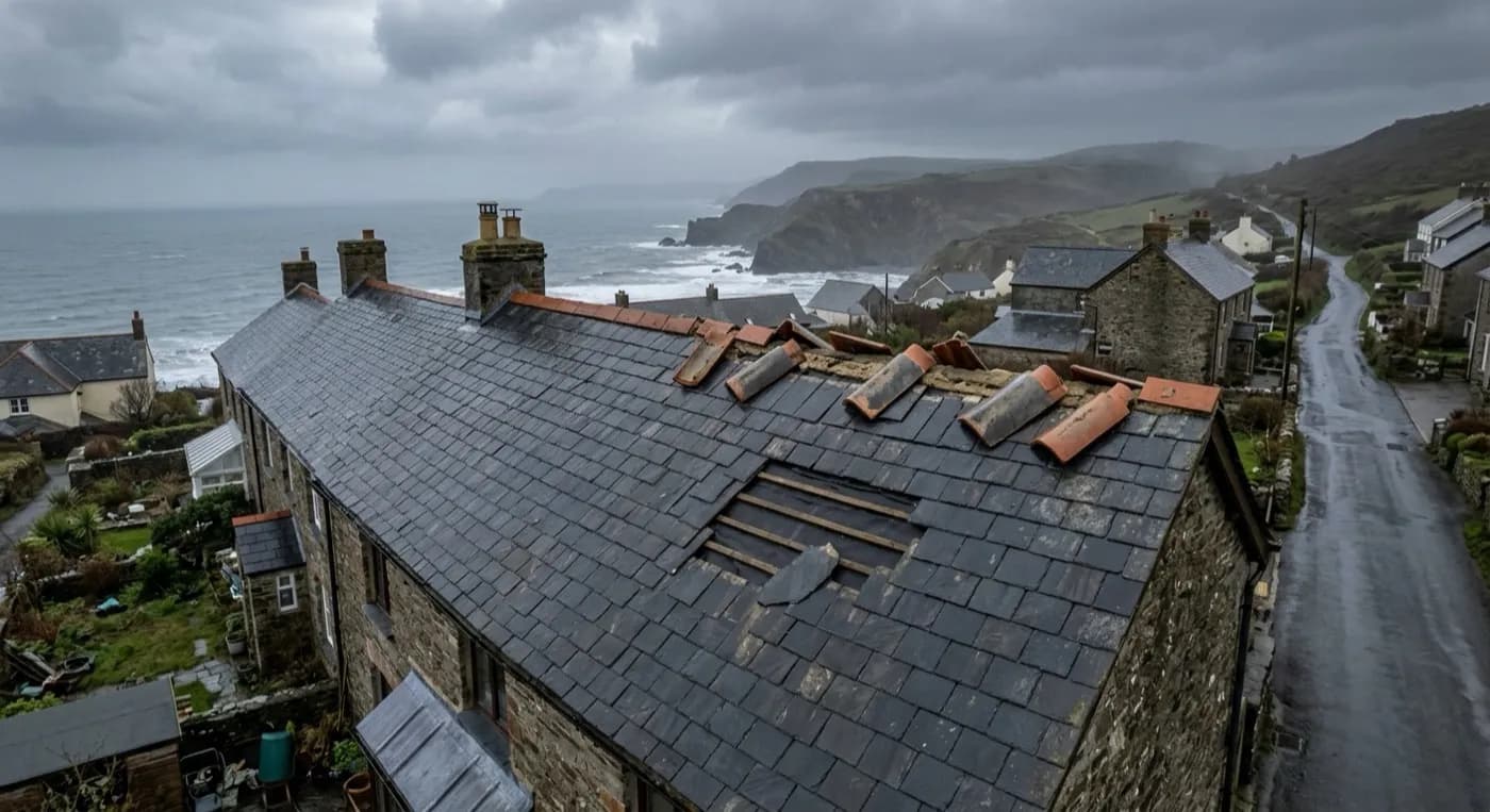 Aerial view of a Devon roof after a storm with lifted ridge tiles and a torn section of felt on a flat roof