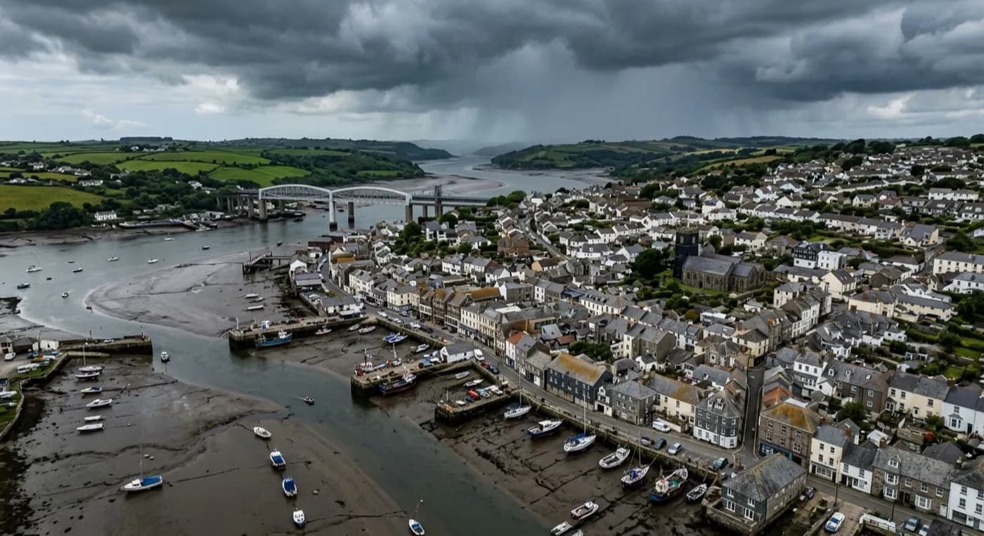Aerial view of a tidal estuary town with wind funnelling up the water past slate and tiled roofs