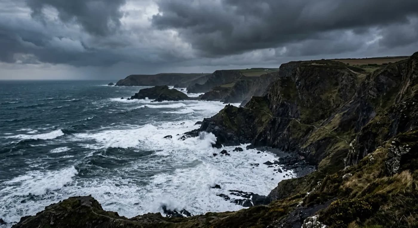 Aerial view of the exposed north Devon and Cornwall Atlantic coast under a storm sky