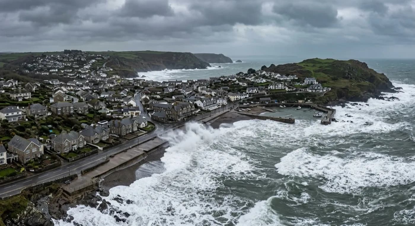 Aerial view of an open south Devon coastline taking a storm swell straight onto the seafront