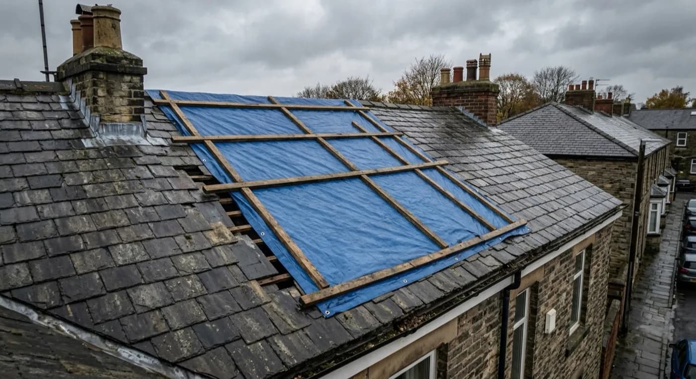 A blue tarpaulin secured over a section of storm-damaged roof as a temporary make-safe measure